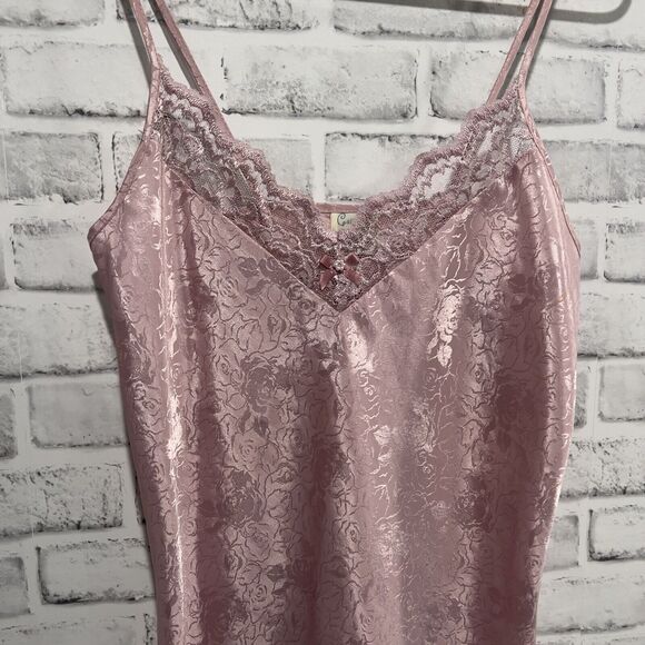 Vintage Pink Nightgown Small Chemise California Miss Lace Print Bow Faux Pearls - Picture 2 of 4
